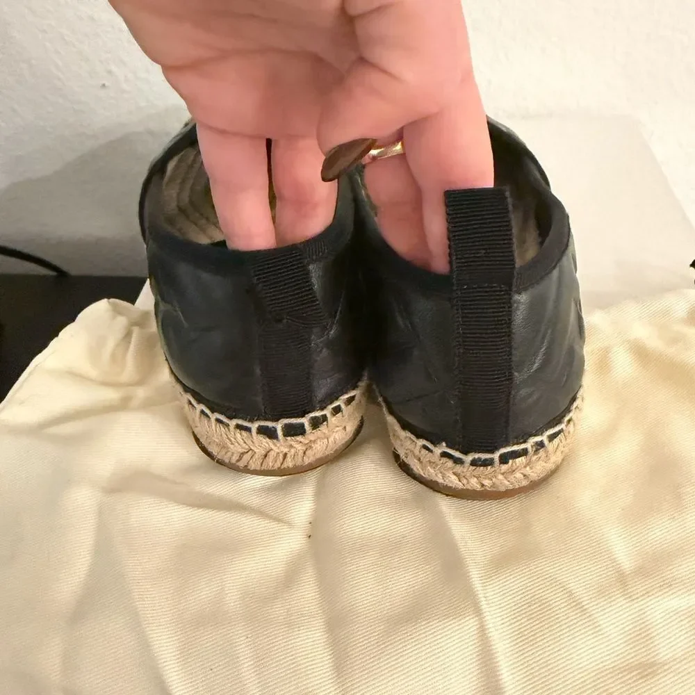 Fendi Black Leather FF Espadrille Flats Logo Jute Sole Size 36
